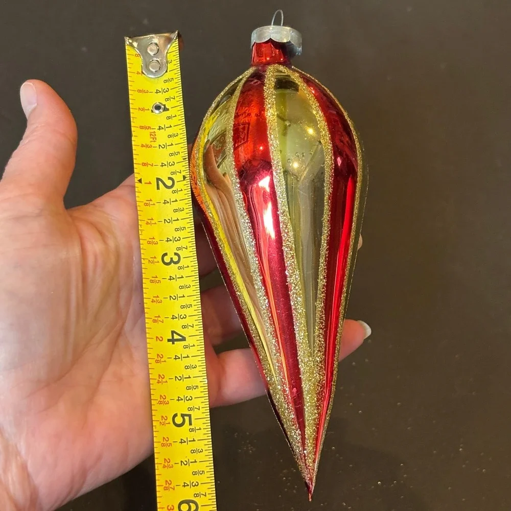 Vintage Teardrop Christmas Ornament Red Gold Glitter Striped Glass USA Made